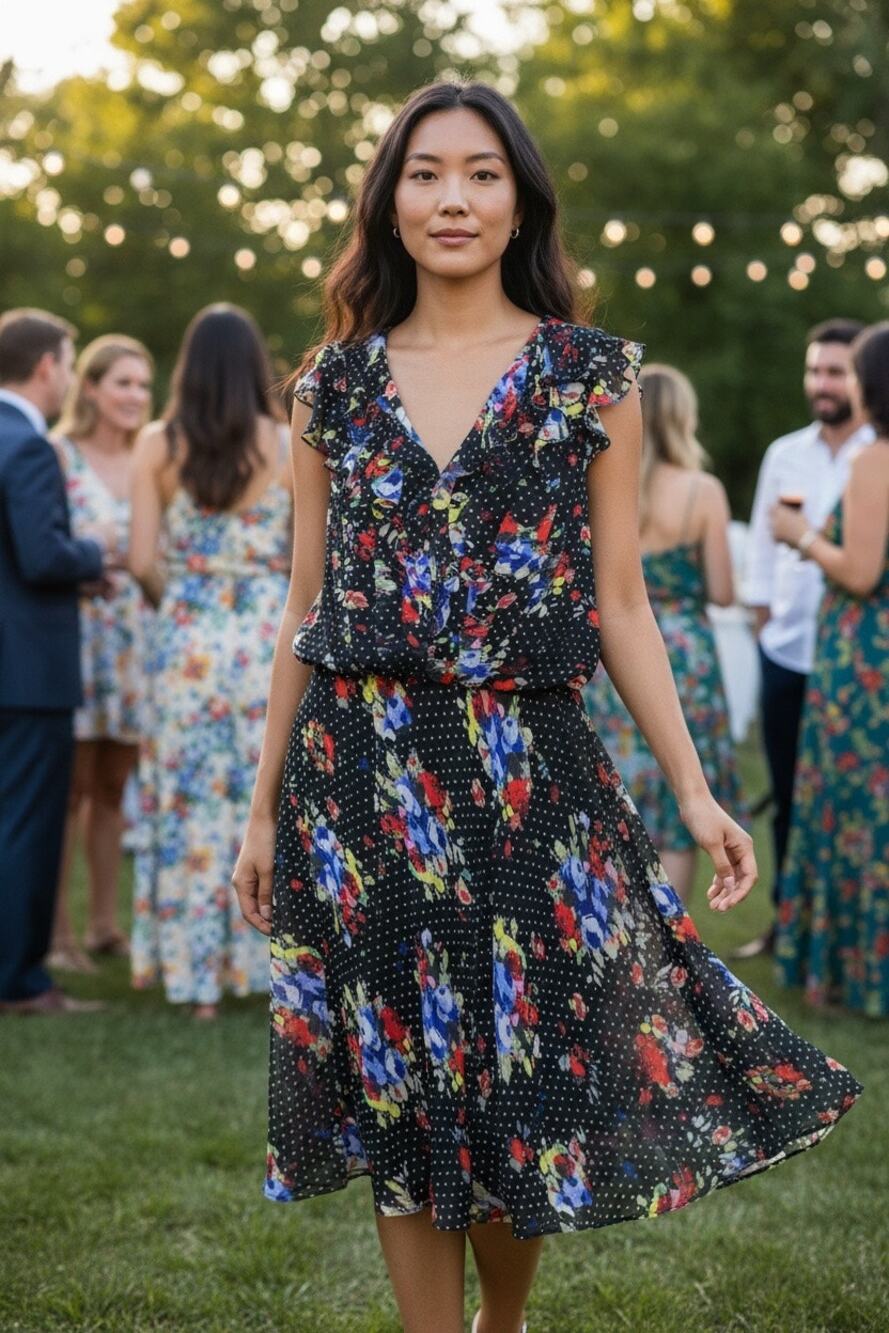 Evan Picone Dress Size 6 Floral Polka Dot Ruffle Fit Flare Midi Black Party